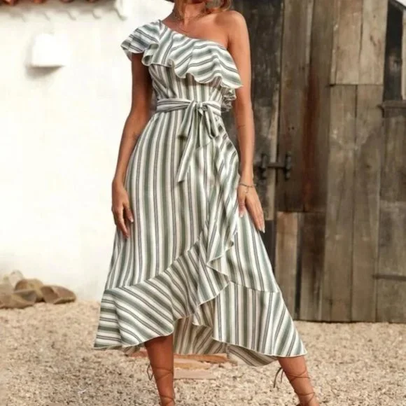 Striped ruffle hem belted one shoulder midi dress Boho - Picture 6 of 6